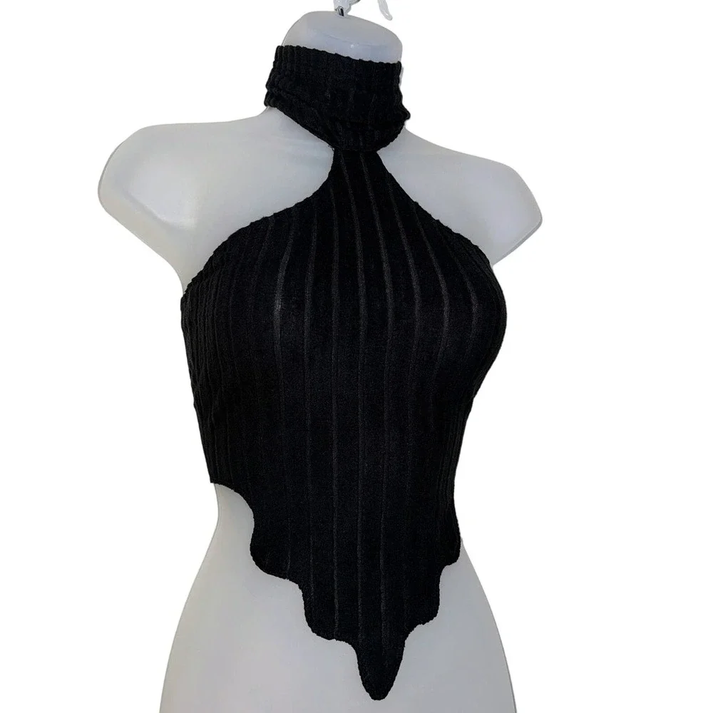 New Medium Black High Neck Sleeveless Turtleneck Ribbed Drip Hem Crop Triangle - Picture 3 of 5